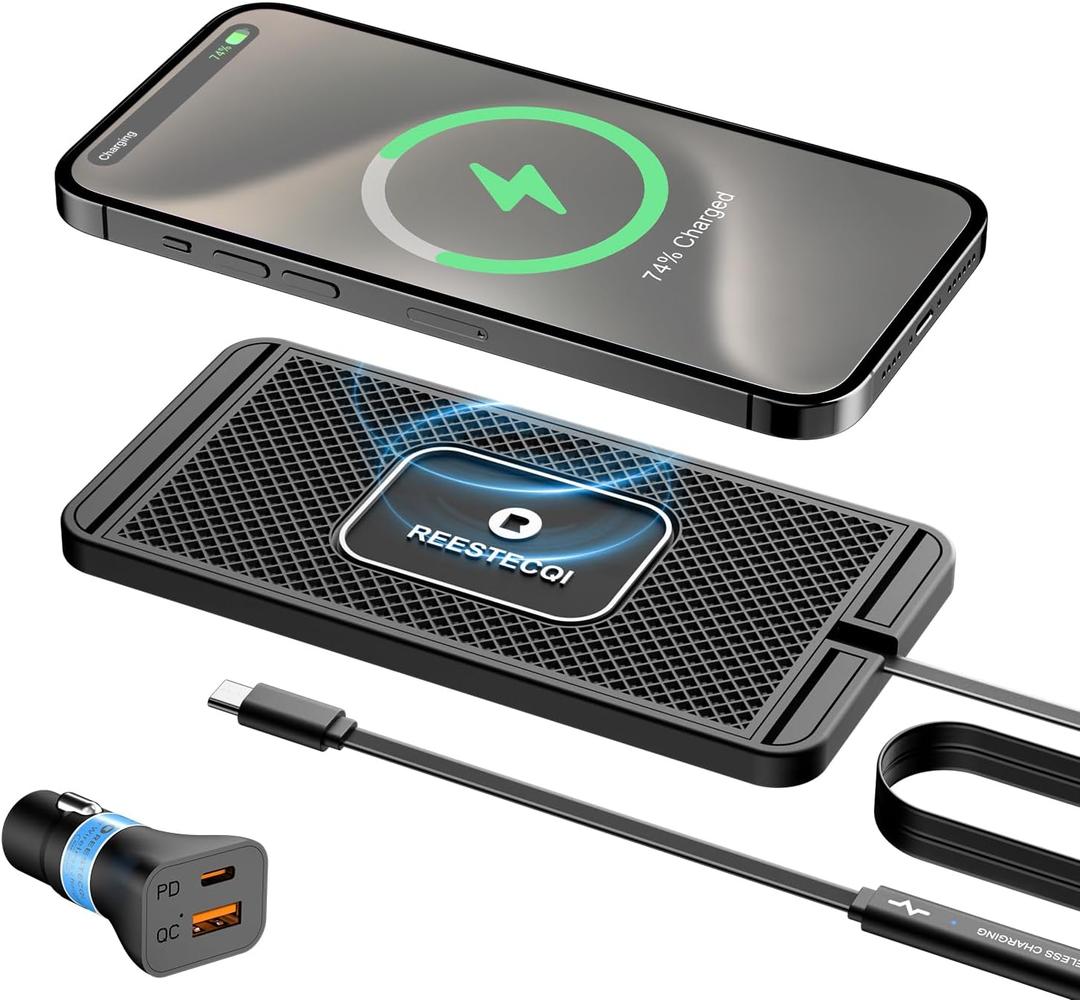 Wireless Charging Pad for Car, REESTECQI 15W Wireless Car Charger Pad Type C Charging Mat Non Slip [PD 40W Car Charger Incl] for Airpods iPhone 16/15/14/13, Samsung S24/S23/S22 (1 Meter Cable)