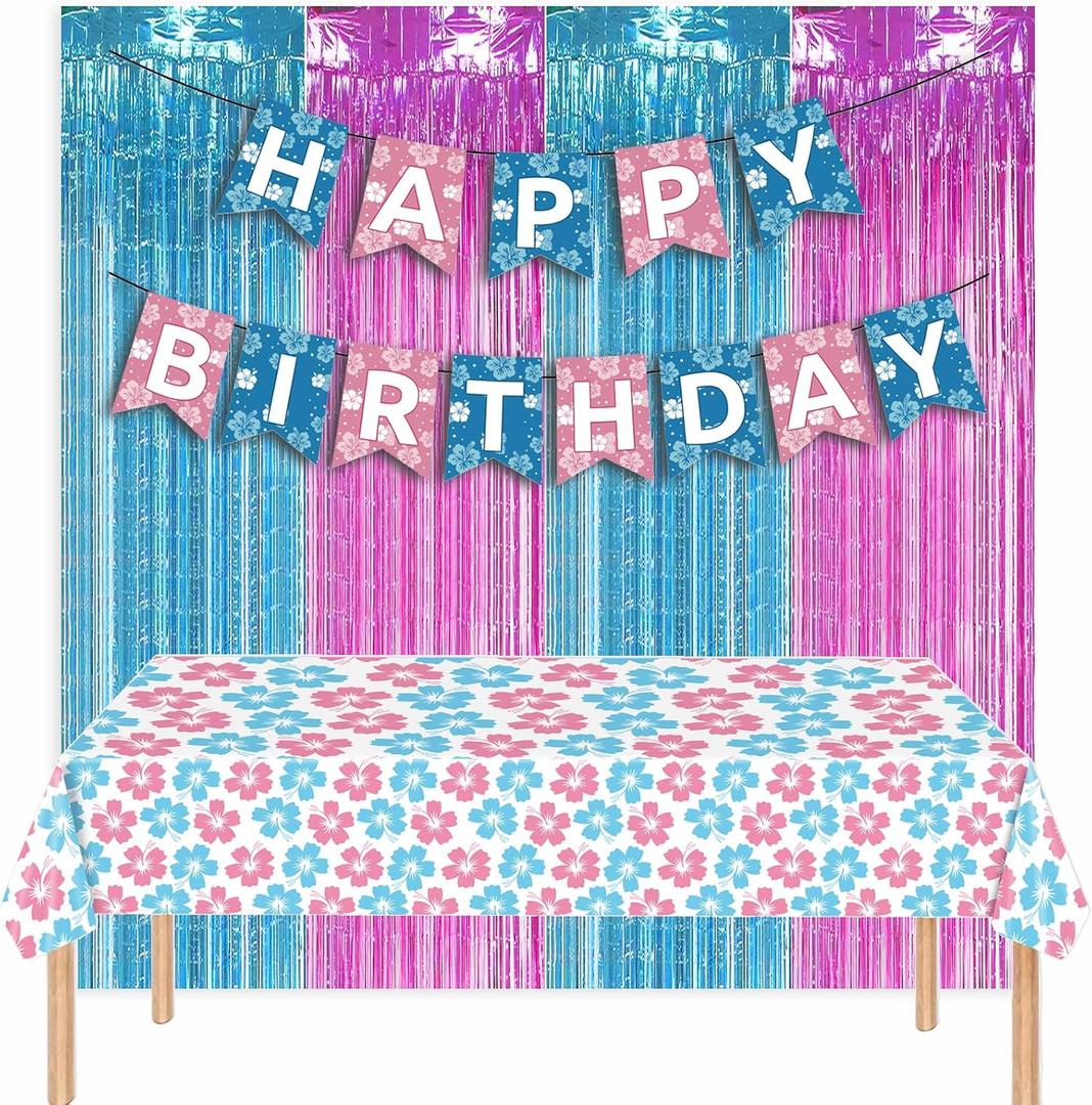 Hawaii Birthday Party Decorations Include Hibiscus Flowers Tablecloth and Hibiscus Flowers Birthday Banner, Blue Pink Foil Fringe Curtain for Hawaii Backdrops Decorations Suppiles