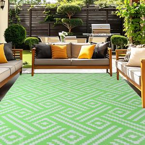 OPPODREAM Outdoor Rug 8x10 Patio Waterproof, Large Outdoor Plastic Straw Rug, Reversible Out Door Carpet for Camping, Deck, Rv, 8 x 10 Area Carpet for Balcony, Porch, Backyard, White and Green
