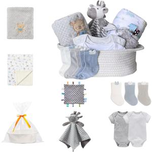 CREVENT Gift Set for Girls Boys -Diaper Caddy Organizer Basket with 2 Blankets, 1 Taggie, 1 Lovey, 3 Socks2 Baby Bodysuits1 Gift Bag with Ribbon - Newborn Essential Baby Shower