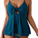 Eomenie Two Piece Tankini Swimsuits for Women Tummy Control Cutout Bathing Suit Tie Knot Flowy Swim Dress with Bottom (Medium, Green Print)