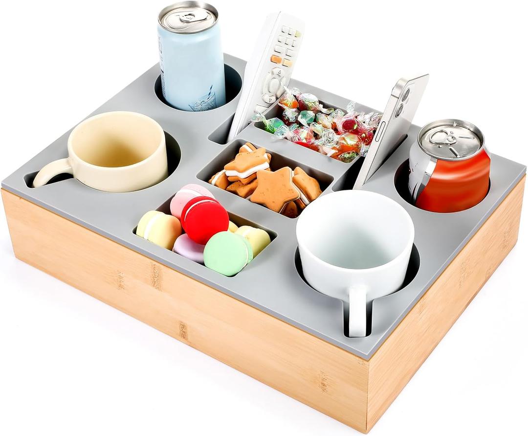 Yerliker Couch Cup Holder Tray, Silicone Couch Caddy Waterproof Anti-spill Sofa Cup Holder for Sofa Bed Car Seat Organizer, Christmas Hold Mugs, Drinks, Snacks, Phones, Remotes(Grey,Bamboo)