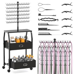 Portable Braiding Hair Rack With Wheels & Storage Drawers,168 Pegs Hair Extension Holder Hanger for Braiding Hair Separator Stand Display,Hair rack with stylist hair braiding tools(black)