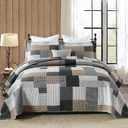 PERHOM Quilt Queen Size - 100% Cotton Lightweight Bedspread - Gray Brown Black White Plaid Patchwork Soft Reversible Quilt Queen Size for Bed Set All Season, 3 Pieces (Queen(98"x90"))