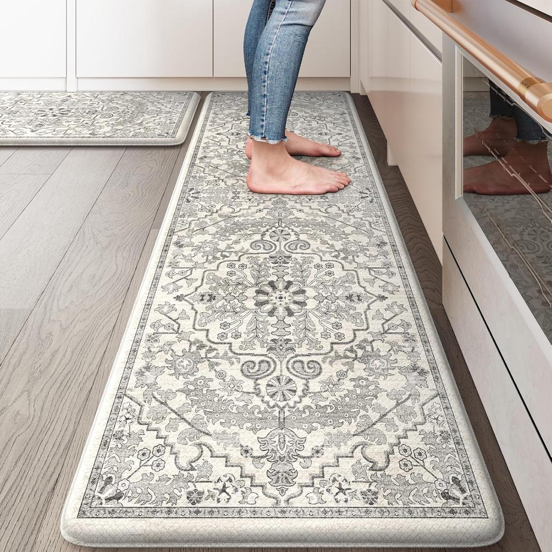 KIMODE Anti Fatigue Kitchen Mats, 2 PCS Cushioned Kitchen Rugs and Mats, Boho Kitchen Floor Mats Non Slip, Comfort Foam Standing Mat for Laundry, Office, Sink, Grey 17.3" x 59"+17.3" x 29" (Light Grey/Multi)