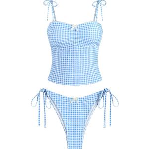 ZAFUL Tankini Swimsuits for Women Mesh Hollow-Out Tank Style Bow Knotted Decor Tie Side High Cut Tankini Set, XLarge