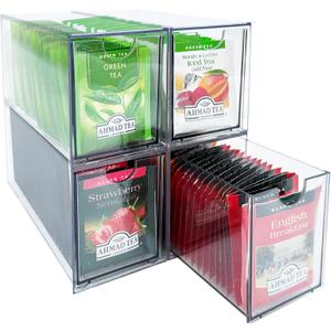 4-Pack Tea Bag Drawers Organizer - 4 Clear Plastic Drawer Tea Bag Holder; Stackable & Portable; Wider Size; Well-Organized Storage for Tea Bags & Kitchen Essentials