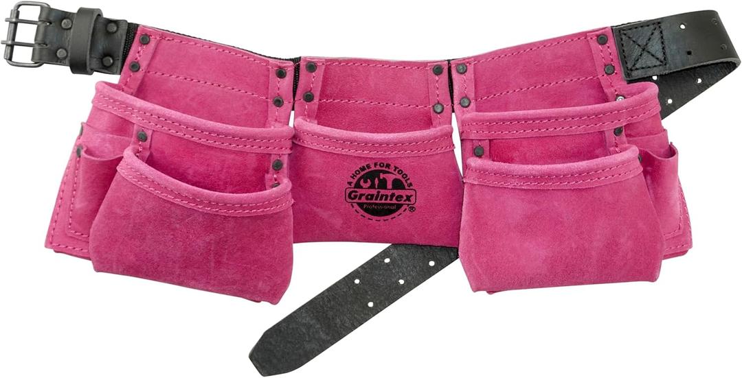 Graintex DS2139 :: 9 Pocket Children Tool Belt Pink Color Suede Leather, Kids Real Tool Belt, Boys and Girls Tool Apron for Home Improvement, 1.1/2" Leather Belt, Hammer Loops
