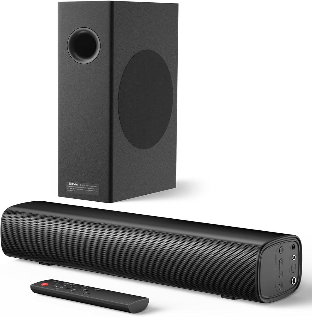 Saiyin Soundbar with 4'' Subwoofers - 70W Rounded-Edge Subwoofer & Compact Soundbar for TV, 2.1 Audio Enhanced Surround Sound System for TV, Bluetooth/Optical/AUX Connection for TV/PC (Black)