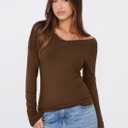 MIHOLL Womens Long Sleeve Off The Shoulder Tops Y2K Going Out Slim Fit Crop V Neck Shirts Fall Fashion Clothes Outfits