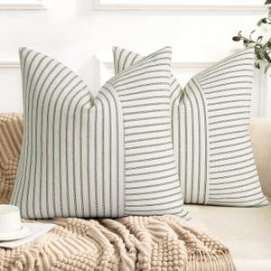 YCOLL Farmhouse Pillow Covers 22x22, Modern Accent Square Throw Pillow Covers Set of 2, Olive Green and Beige Striped Patchwork Linen Decorative Cushion Covers for Couch Chair Bedroom Home Decor, Olive Green, 22" x 22" (Pack of 2)
