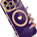 tharlet Magnetic for iPhone 17 Pro Max Case [Compatible with Magsafe] Cute Love Heart Luxury Plating Gold Edge Bumper with Full Camera Lens with Privacy Screen Protector, Purple (6.9")