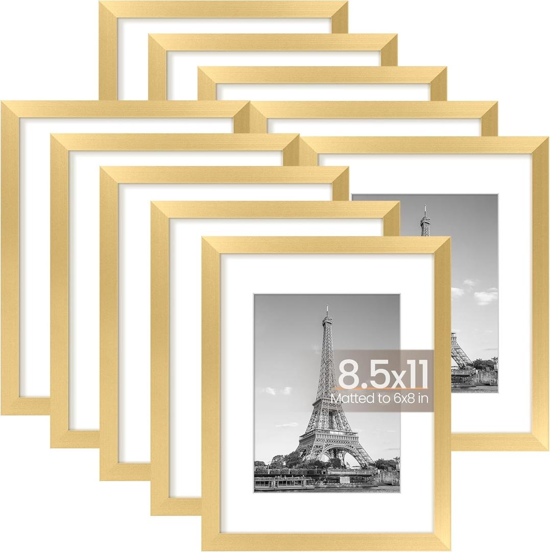 upsimples 8.5x11 Picture Frame Set of 10, Display Pictures 6x8 with Mat or 8.5x11 Without, Multi Photo Frames Collage for Wall or Tabletop Display, Gold