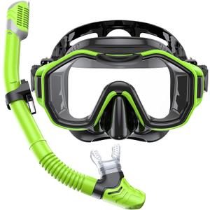 Snorkeling Gear for Adults Kids, Dry-Top Snorkel Set, 180Panoramic Wide View Diving Mask Breathing Freely Snorkel Mask for Snorkeling Scuba Diving Swimming Travel (K0-Green black)