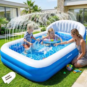 2026 Inflatable Pool with Sprinkler,Durable Blow up Pool with Big Backrest, Rectangle Kid Pool Backyard,Children Swimming Pool,Small Inflatable Kiddie Pool,Outdoor Water Pool for Kid714125IN