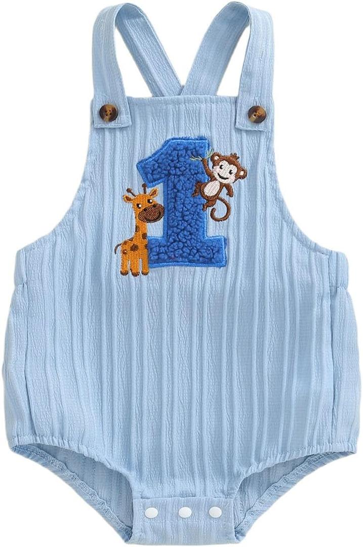 Thorn Tree Baby Girl Boy 1st Birthday Clothes One Year Old Bubble Bodysuit Backless Rib Romper Cake Smash Outfits (6-12 Months, Monkey Blue)