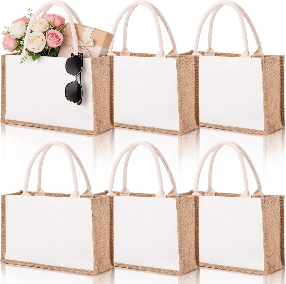 6 Pack Burlap Tote Bags, Reusable Jute Gift Bags with Handles, Water Resistant Beach Bag, 14.7" x 9.8" x 4.5" Canvas Grocery Shopping Bag for Bridesmaid, DIY, Shopping, Wedding, Christmas