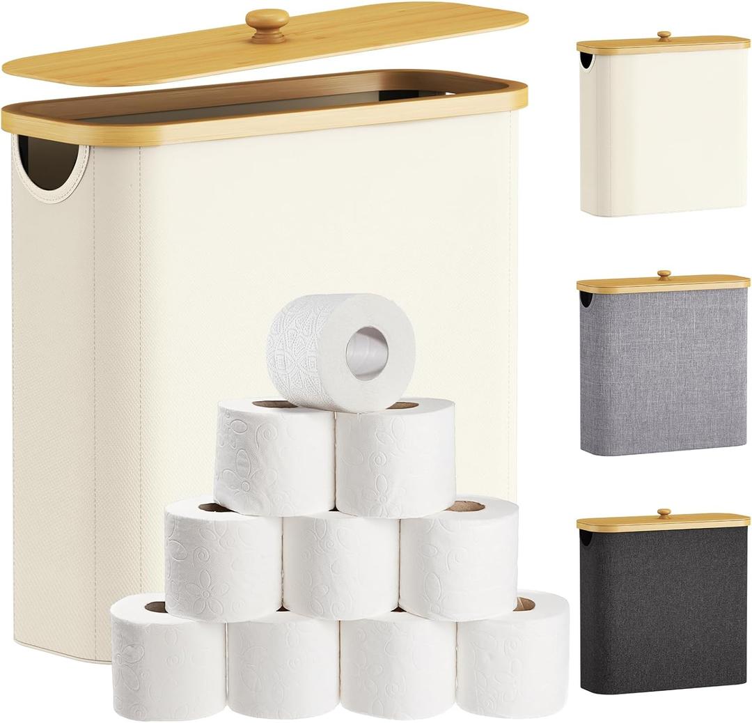 Lifewit Toilet Paper Storage Basket with Bamboo Lid, Holds 12 to 16 Rolls, Free Standing Toilet Paper Holder Stand, Bathroom Organizer Box Container Cabinet Bin, Large, 1 Pack, White (30L)