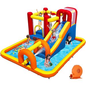 Baralir Inflatable Bounce House Water Park with Long Water Slide & Large Splash Pool Fits 5 Kids, Endless Fun of Jumping, Sliding, Climbing - Extra Cave and Tunnel Adventure and Water Cannon, 13L x 10.5W x 6.4H Foot