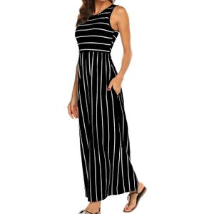 Hount Women's Summer Sleeveless Striped Flowy Casual Long Maxi Dress with Pockets (Large, Black)