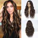 Brown Highlight Wig for Women Long Wavy Brown Wig Middle Part 26 Inch Wigs Heat Resistant Synthetic Wig for Daily Use