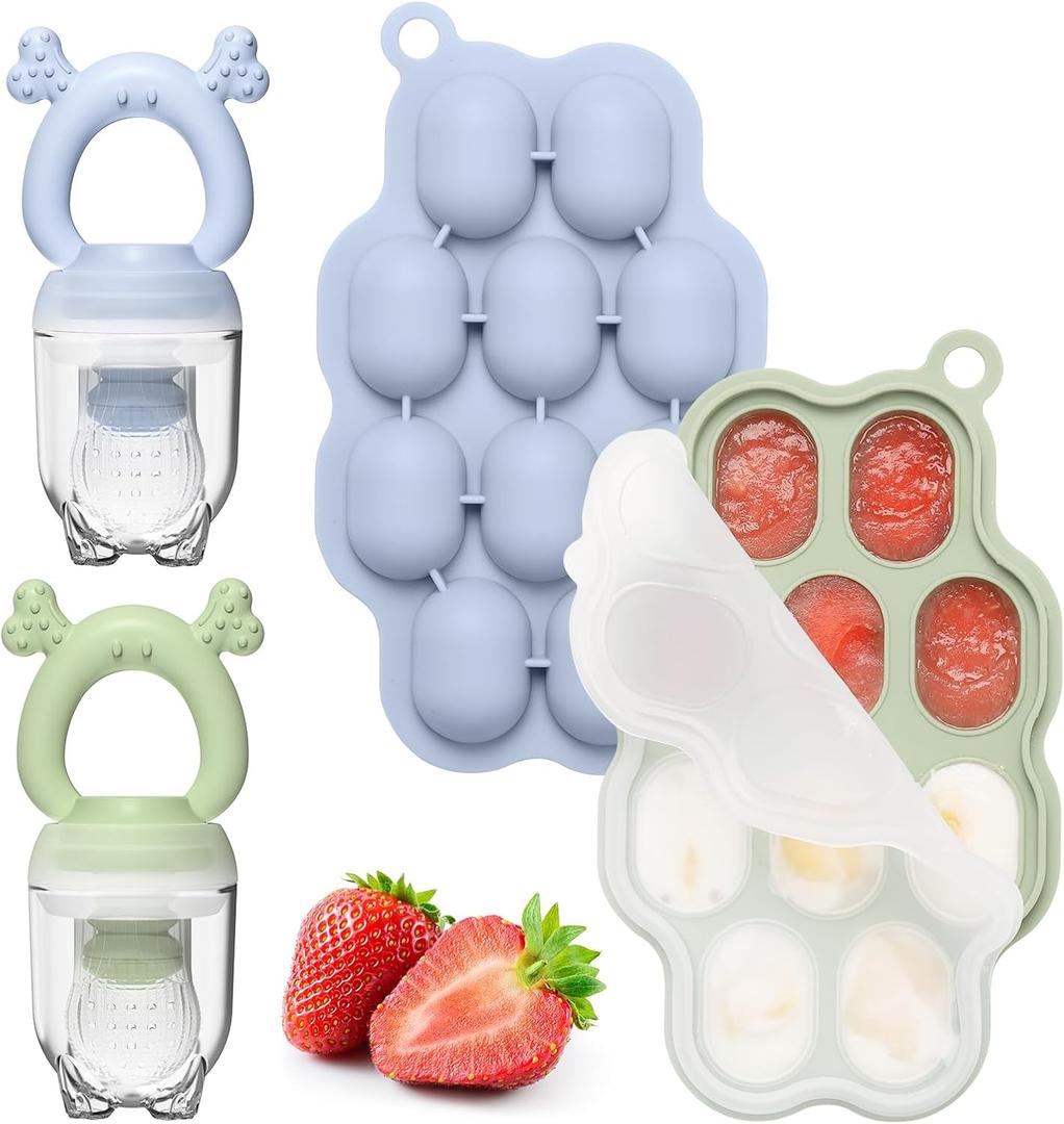 KingKam Baby Breastmilk Popsicle Molds & Baby Fruit Feeder (2 Pack), Baby Food Freezer Tray Storage Containers, Silicone Pacifier Feeder and Teether (Blue / Green)