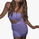 Womens Sexy 2 Piece Outfits Sleeveless Crop Top Feather Tassels Bodycon Mini Dress Outfits Clubwear, Size Medium