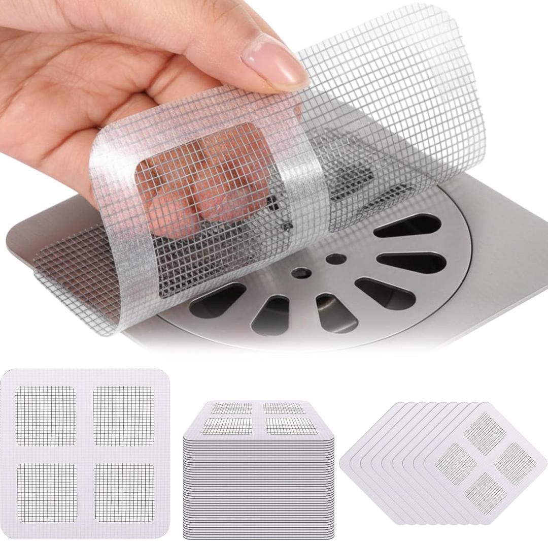 Baquler 300 Pack Disposable Shower Drain Hair Catcher Bulk 4 inch Square Screen Floor Drain Sticker Mesh Cover for Bathroom Kitchen Bathtub Sink Laundry Sewer Human and Pet Hair