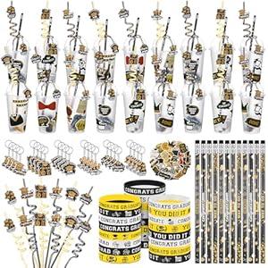 Funnymoom 194 Pcs Graduation Party Favors Class of 2025 Cup Fillers Congrats Grad Keychain Pencil Silicone Bracelet for End of Year Gift from Teacher Rewards Bingo Game Prizes, 24 Sets