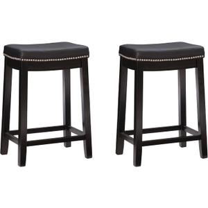 Linon Kingston Black Wooden Backless 26.5 Inch Seat Height Counter Stool with Black Faux Leather Upholstered Seat and Nailheads, Set of 2, Standard