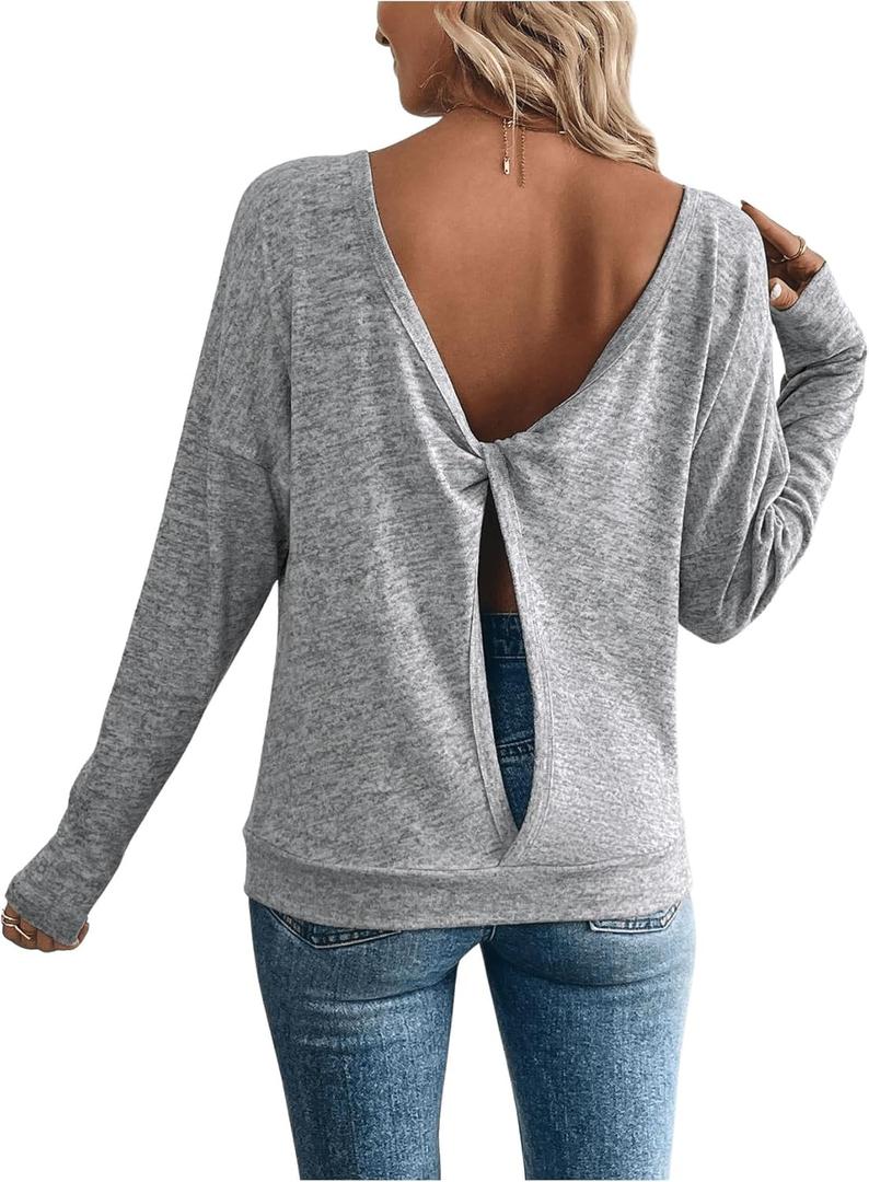 SOLY HUX Women's Twist Open Back Tops Cut Out Tee Backless Casual Long Sleeve Round Neck T Shirt (Pure Grey)