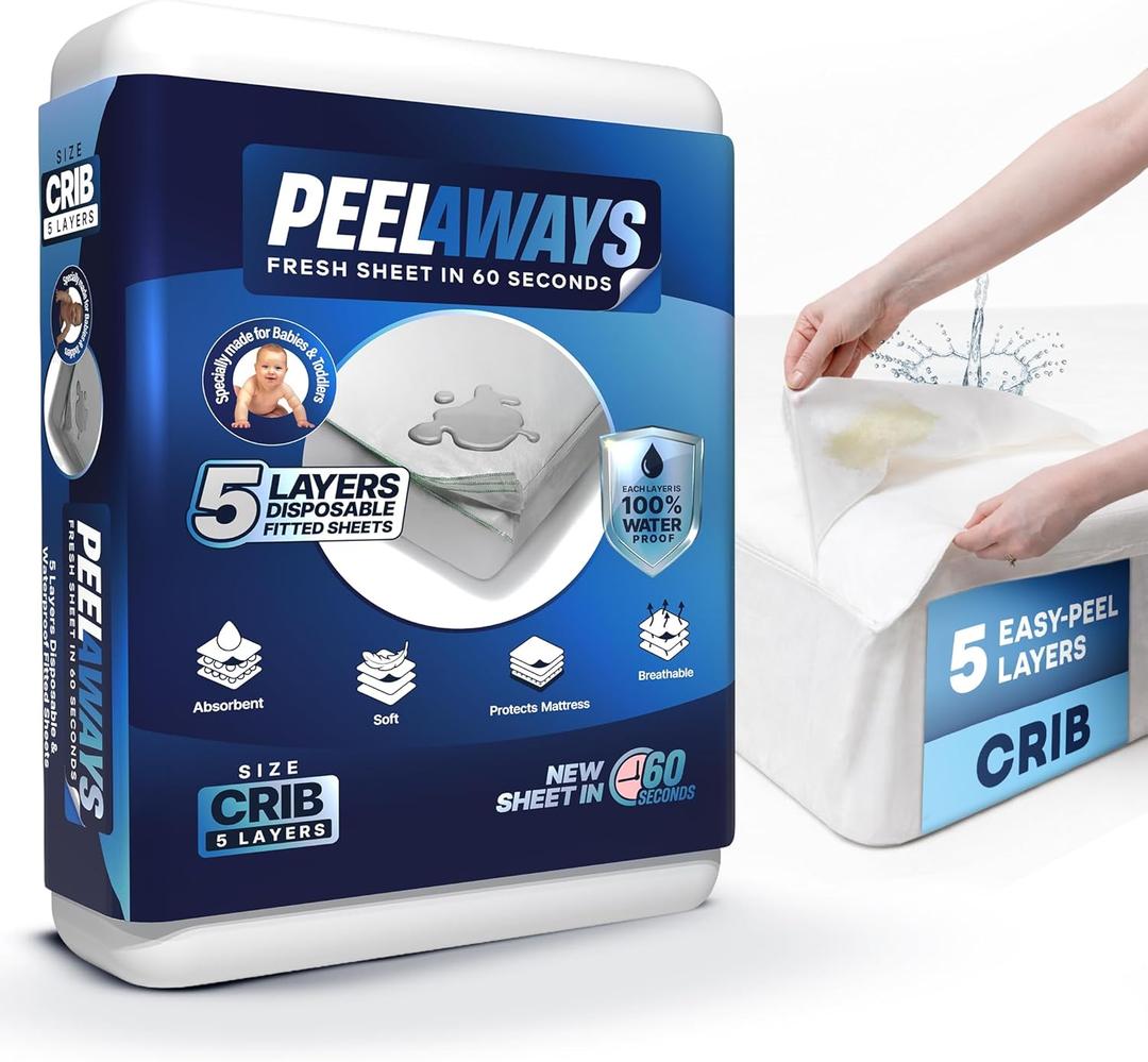 PEELAWAYS Crib-A-Peel Disposable Waterproof Crib Sheets - Super Absorbent Bedwetting Pads for Infants, Potty-Training, Spills, and More - 5 Layer 28" x 52" x 6" (White)