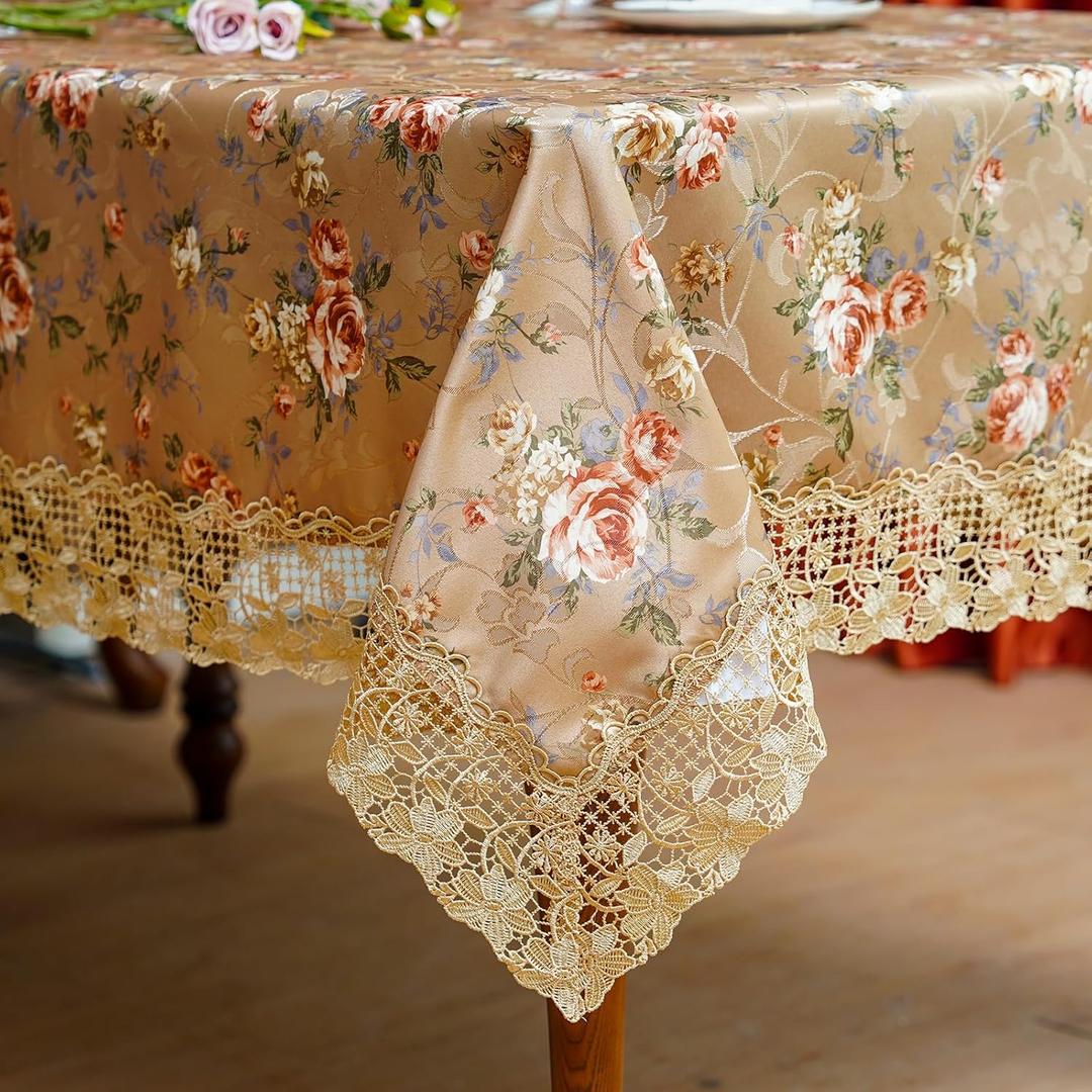 SUTAVIA Lace Tablecloth Embroidery Lace Floral Tablecloths Rectangular Vintage Jacquard Fabric Table Cover for Home Decor Holiday Party (Gold, Oblong, 60"x120")