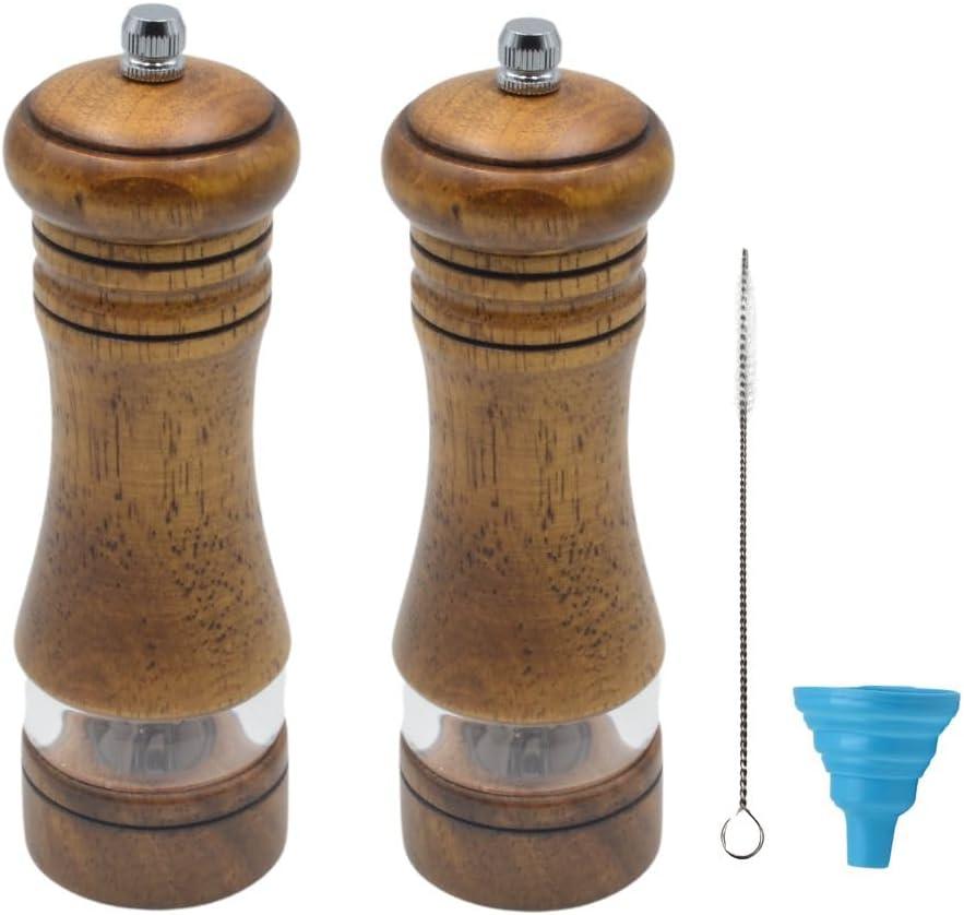 Classic Salt and Pepper Grinder Set,Refillable Salt and Pepper Mills,Manual Oak Wood Salt Grinder,Pepper Grinder,Visible Adjustable Ceramic Grinding Rotor,2 Packs Set,6.5 Inch Each (Dark Brown)