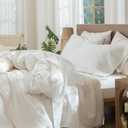 MooMee Striped Sheet Set 100% Washed Cotton Linen Like Textured Breathable Durable Soft Comfy (White Almond Milk Grey Wide Stripes, King)