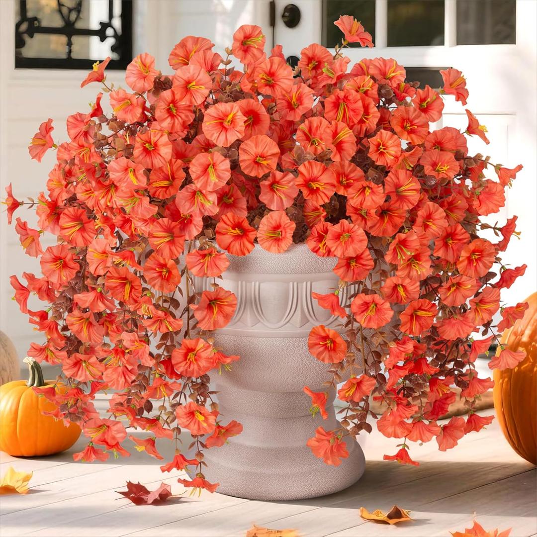 Ivydale 2 PCS Artificial Fall Hanging Flowers Fake Plants Outdoor,Silk Morning Glory Faux Flowers with Eucalyptus Leaves,UV Resistant Realistic Mums Plants for Home Garden Decor (Orange)