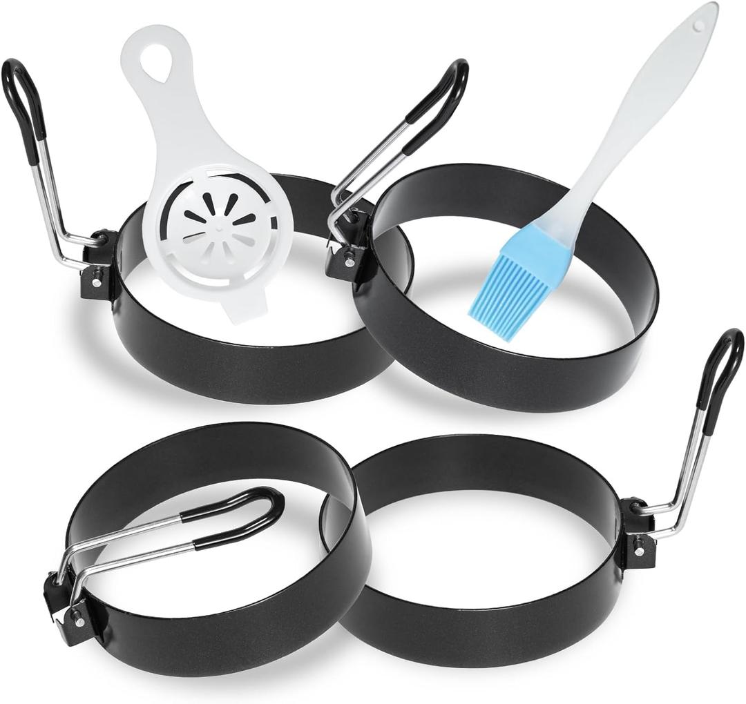 Stainless Steel Egg Rings for Frying Eggs4 Pack - 3.5" Round Non Stick Griddle Rings with Oil Brush, Egg Sandwich/Pancake/Cooking Molds, Breakfast Maker Accessories & Egg Separator