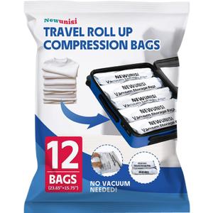 12-Piece Travel Vacuum Storage Bags—Roll-Up Compression Bags to Save Space in Luggage, for Camping, and for Storing Clothing—No Pumping Required, 23.65” X 15.75”