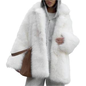 COZYPOIN Womens Faux Fur Coats Warm Mid Long Furry Jackets Long Sleeve Lapel Winter Fluffy Outerwear Shaggy Parka Coat (Medium, White)