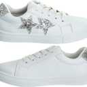 KENSIE GIRL Sneakers Lace Up Non Slip - Fashion Casual Low Top Shoes - White Silver Stars (Size 2 Big Kid)