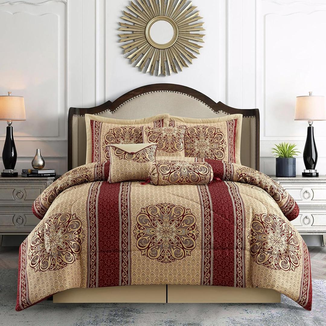 Stratford Park Gold/Wine King Comforter Set, 7 Piece, Burgundy Home Decor, Premium Lightweight Microfiber, Bedskirt, Pillows & Shams