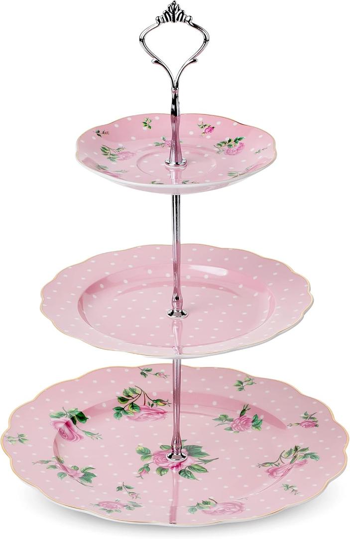 BTaT- Floral 3 Tier Cake Stand, Porcelain, Pastel Pink with Pink Roses & Gold Trim, 3 Tiered Dessert Stand for Cookies, Cupcakes & Fruits