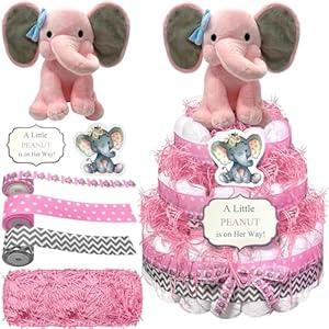 Baby Shower Elephant Diaper Cake Decorations kit,Baby Shower Diaper Cake Supplies for boy,Include Baby Elephant Grosgrain Ribbon,Plush Elephant,Gender Reveal Cards,Raffia (Diapers Not Included)