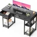 DUMOS 48" Small Computer Home Office Desk for Bedroom with Drawers, Gaming Writing Study Table with Storage Shelf, Adjustable Feet, Metal Frame Black
