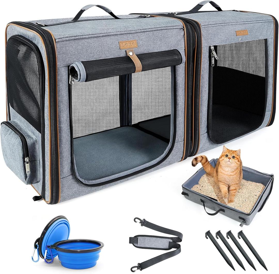 Lekereise Large Cat Carrier for 2 Cats, 2-in-1 Cat Travel Carrier with Litter Box, (17.7" x2) x16.5"x13" Pet Carrier with Zipper Locks for Moving Across The Country (No Hammock) - Grey