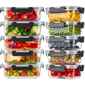 10 Pack Glass Food Storage Containers with Lids, Meal Prep Containers, Airtight Bento Boxes with Leak Proof Locking for Microwave, Oven, Freezer and Dishwasher, BPA Free