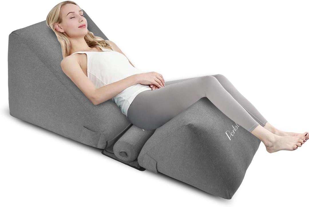 Inflatable Wedge Pillow for Sleep Apnea, 0-90 Infinite Adjustable, Back Wedge Pillow+Separable Leg Elevation Pillow, Easy to Storage, Suppport for Back Pain Relief, Removable Cover