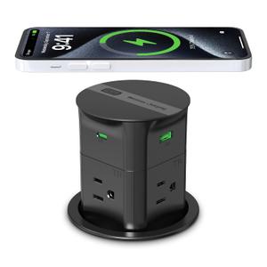 ANNQUAN 3.15" Pop Up Countertop Outlet Wireless Charger 65W USB 800J Black | ETL Listed Max 65W Power Delivery Pop Up Electrical Outlet with 4 Outlets 4 USB Ports for Home Office