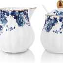 Ceramic Sugar and Creamer Set, 3 Piece with Cream Pitcher, Sugar Bowl with Lid and Spoon,Coffee and Tea Serving Set (White with blue flower)