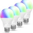 Amazon Basics Smart A19 LED Light Bulb, Color Changing, 9W (60W Equivalent), 800LM, Works with Alexa Only, 2.4 GHz Wi-Fi, No Hub Required, 4 Pack